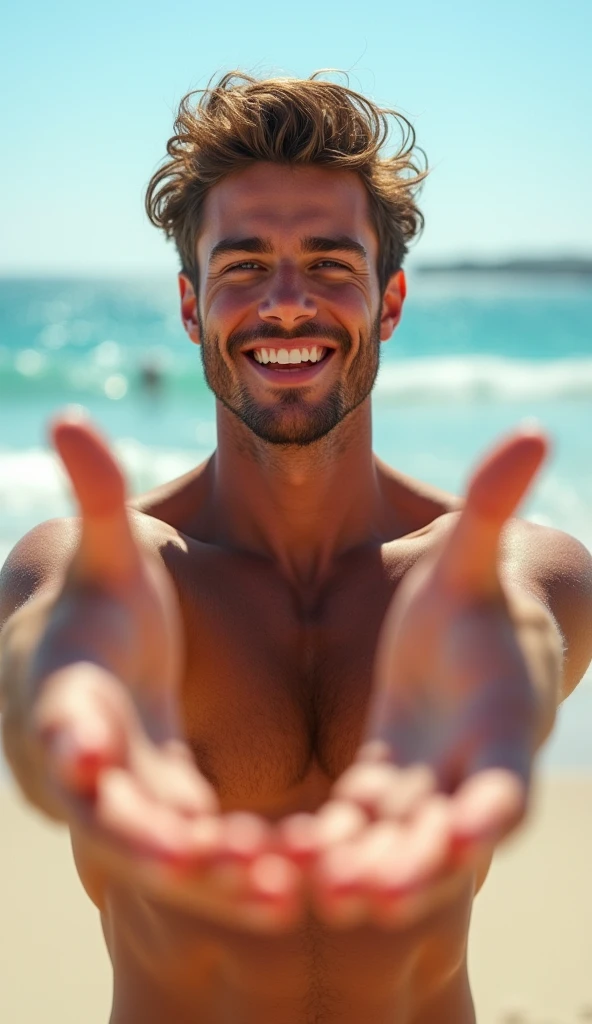 photorealistic, best quality, masterpiece, extremely detailed, sexy, homoerotic, extremely handsome, 20 year old greek man, smiling, holding out both hands towards camera, walking on the beach, extremely romantic atmosphere, perfect face, perfect fingers, perfect hands, perfection