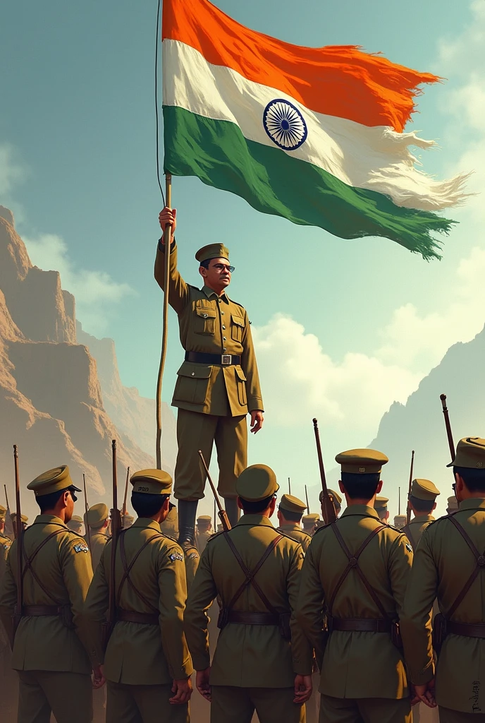 Give me coolest image of subhaschandra bose holsting flag with ina soldiers