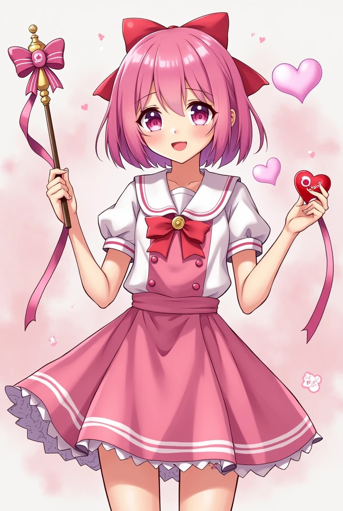 female、Pink and white school uniform、Pink lady hairstyle、Drooping eyes、Double teeth、恋の魔法少female、ribbon、heart、Walking stick、Pale skin