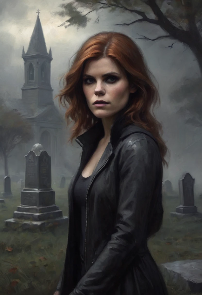a beautiful woman, Kate Mara as Marvel's Spider Woman, wearing a sexy unzipped outfit, emerging from a mysterious fog, in a graveyard setting, partially obscured by the fog, (best quality,4k,8k,highres,masterpiece:1.2),ultra-detailed,(realistic,photorealistic,photo-realistic:1.37),cinematic lighting,dramatic shadows,intricate details,highly detailed face and eyes,expressive eyes,delicate facial features,flawless skin,windblown hair,flowing fabric,moody atmosphere,dark and moody colors,dramatic lighting,volumetric fog,gothic architecture,tombstones,dead trees,haunting environment