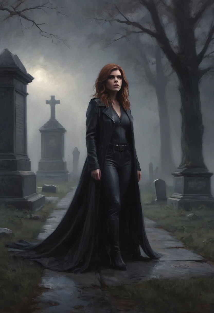 a beautiful woman, Kate Mara as Marvel's Spider Woman, wearing a sexy unzipped outfit, emerging from a mysterious fog, in a graveyard setting, partially obscured by the fog, (best quality,4k,8k,highres,masterpiece:1.2),ultra-detailed,(realistic,photorealistic,photo-realistic:1.37),cinematic lighting,dramatic shadows,intricate details,highly detailed face and eyes,expressive eyes,delicate facial features,flawless skin,windblown hair,flowing fabric,moody atmosphere,dark and moody colors,dramatic lighting,volumetric fog,gothic architecture,tombstones,dead trees,haunting environment