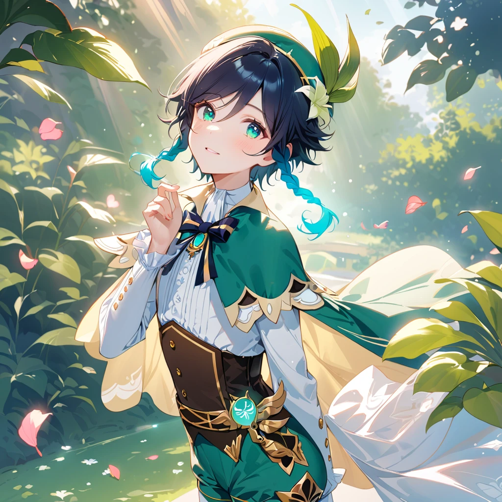 (best quality,4k,8k,highres,masterpiece:1.2),1boy,venti genshin impact,male focus,flat chest,ultra-detailed,realistic,(dsmile:0.5),morning of spring,delicate light rays,rich color palette,elegant curves,effects of light and shadow,flower petals falling,springtime essence,ethereal atmosphere,peaceful garden background,morning dew,soft sunlight filtering through trees,lush plants,komorebi,vividly colored blossoms,transcendent beauty,awe-inspiring artwork,white long-sleeved shirt, brown corset,green shorts, white tights,green cape,hat,brooch,green eyes,wise and kind god,cinematic lighting, ray tracing, UHD, high details, high quality, award winning, super detail,wind magic