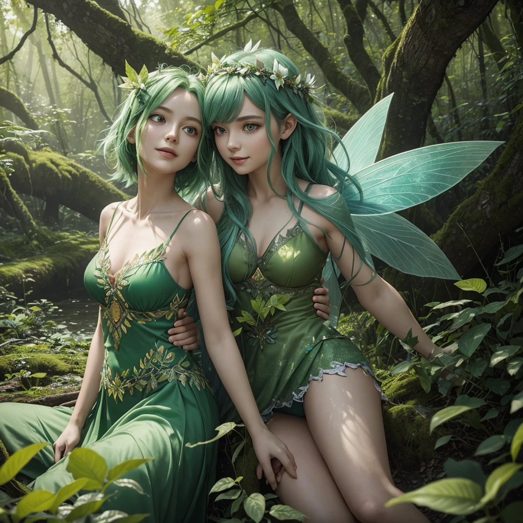 "The Leaf Fairy is a mystical creature with a deep connection to nature and the wind. She has short, flowing green hair, delicate wings resembling leaves and flowers, and eyes that radiate the life force of nature. Though she appears to be in her early twenties, her actual age is unknown, which adds to her enigmatic aura. She wears modest, plant-based clothing, emphasizing her close connection to the earth. Her hair is short, and her expression depicts a bright, broad smile. New Leaf Fairies emerge from the ancient trees and fertile earth of lush forests, continuing the cycle of life in harmony with the natural world."