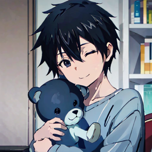 masterpiece, Highest quality, One person, Holding a stuffed bear, Upper body shot only, Black short hair, Focus on the upper body, 彼は大きなHolding a stuffed bear, He is wearing a white sweatshirt with blue stripes., Black shorts, He smiles gently., He is sleeping in bed.、Bookshelf