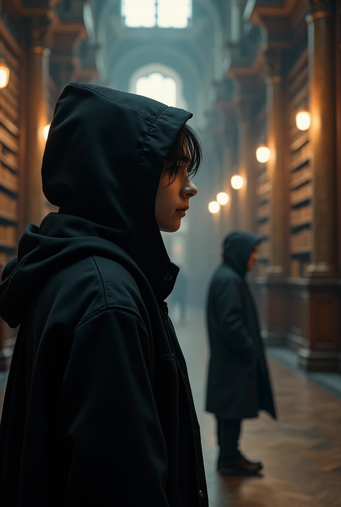 (Cinematic photo:1.3) , (highest quallity、tabletop、8k、best quality image、hyperrealistic realism) male teenager, belo male teenager, wearing a black coat with a hood on his head, detailded, long hair, watching two men from afar, Grieving, em uma biblioteca Fotografia Digital UHD Altamente detailded texture, realistic texture, digitalpainting, highly detailed shot