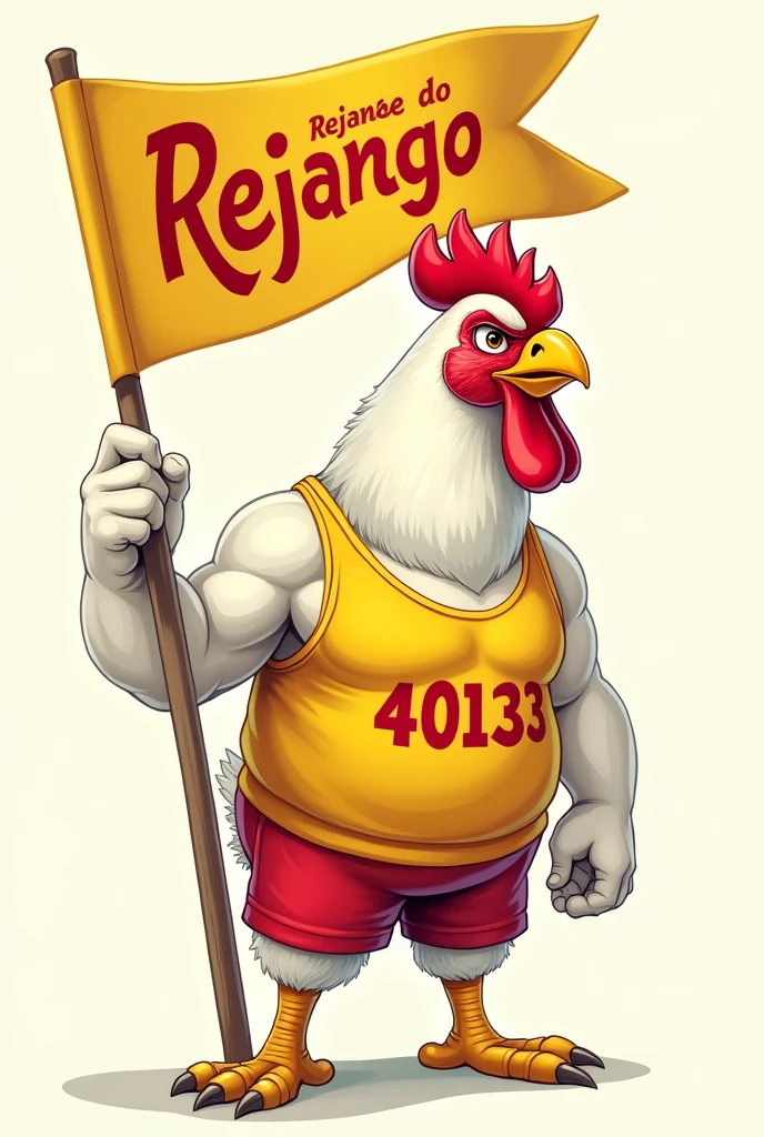 I want an image of a drawing that is half cartoon and half realistic of a muscular white chicken from the waist up, Grinning, wearing a yellow shirt with the number 40123 in red and red shorts, holding a large yellow flag with the name Rejane do Frango written in red
