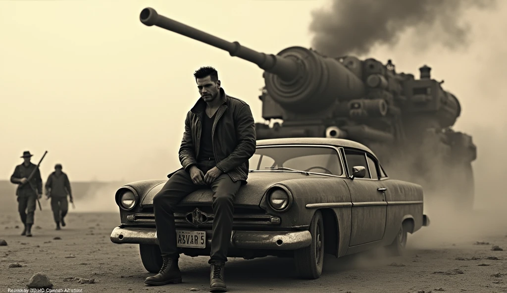 ((Very old photograph in sepia tone only)), Surreal, monochrome image, post-apocalyptic themed image featuring a rugged man with short, dark hair and a stern expression, sitting on the hood of a vintage car. He is dressed in a leather jacket, pants, and boots, exuding a tough demeanor. The background showcases a large, industrial machine emitting smoke, with a massive cannon mounted on it. Two other figures, dressed in military-style attire, are seen walking in the dusty, barren landscape. The overall scene is dramatic and intense, with a strong sense of desolation and survival. cgsociety, art deco, 1920s, hyperdetailed, 1920s Mad Max film, digital illusions, photorealistic, artistic visuals inspired by Fritz Lang. ((motion picture film)), ultra-detailed, chiaroscuro, RAW photo, cinematic, artstation style, concept art, masterpiece, 8k, black and white, realistic textures, 3D rendering