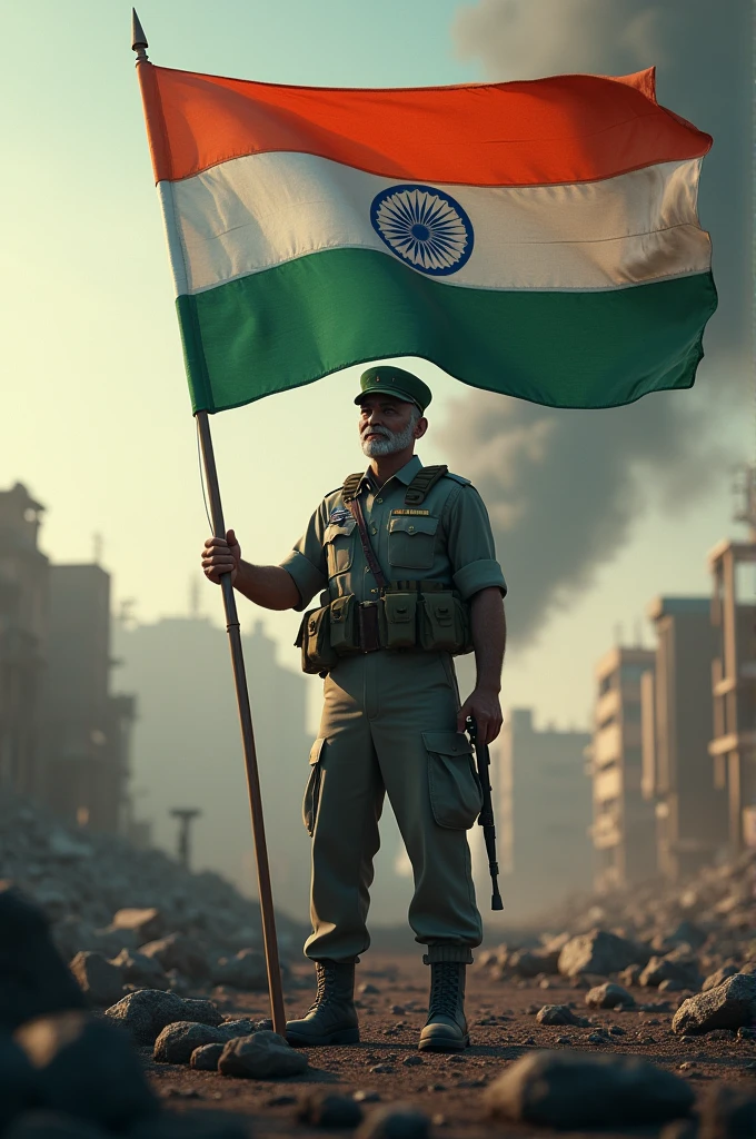 create a 3d slide in which an army soldiers in war situation and in his hand an Indian flag