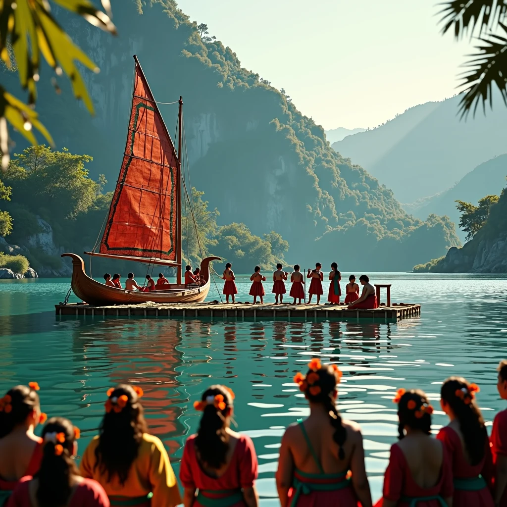 photorealistic,photo-realistic:1.37,ultra-detailed,best quality,4k,8k,highres,masterpiece:1.2,realistic,extremely detailed,vivid colors,stunning,magnificent lake atitlan,traditional maya sailing boat in front of a floating bamboo platform,detailed maya audience in traditional clothing watching performance,dramatic lighting,serene atmosphere,tranquil waters,lush greenery surrounding,stunning scenic landscape,picturesque view