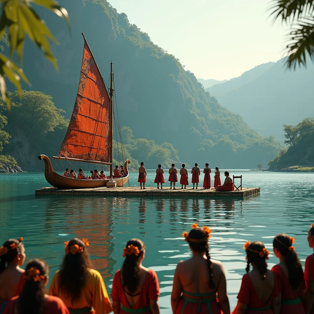photorealistic,photo-realistic:1.37,ultra-detailed,best quality,4k,8k,highres,masterpiece:1.2,realistic,extremely detailed,vivid colors,stunning,magnificent lake atitlan,traditional maya sailing boat in front of a floating bamboo platform,detailed maya audience in traditional clothing watching performance,dramatic lighting,serene atmosphere,tranquil waters,lush greenery surrounding,stunning scenic landscape,picturesque view