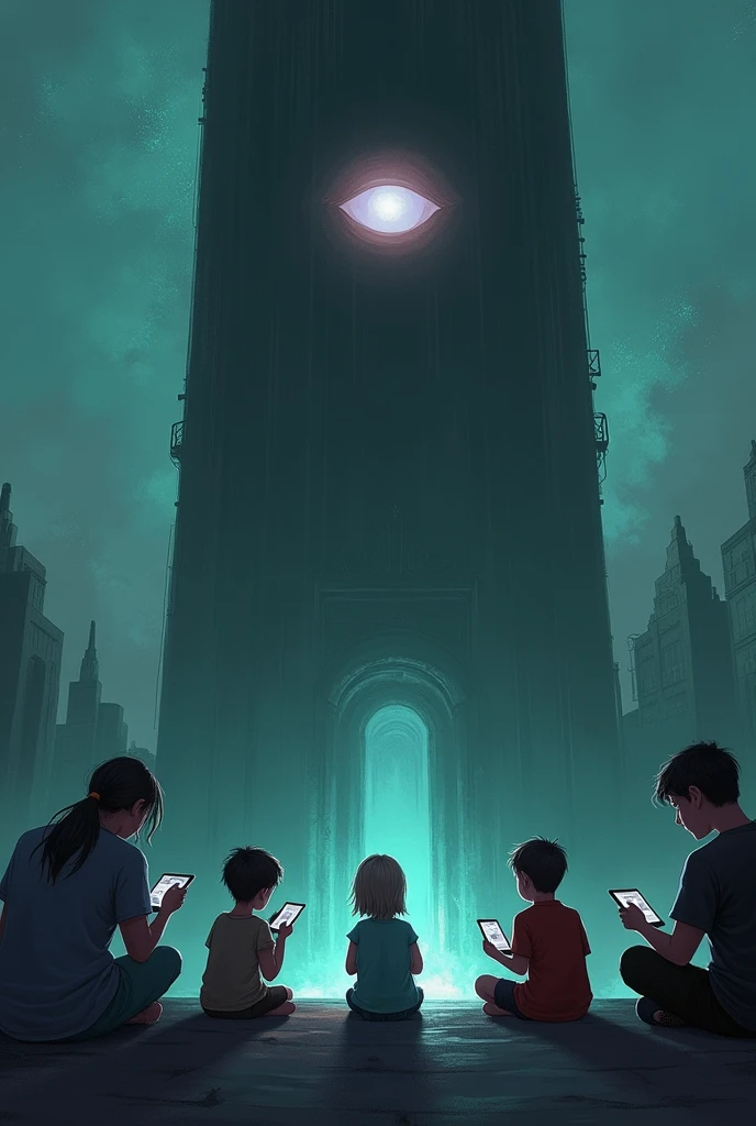 I want an animated drawing of an eye in a tower watching children use social media