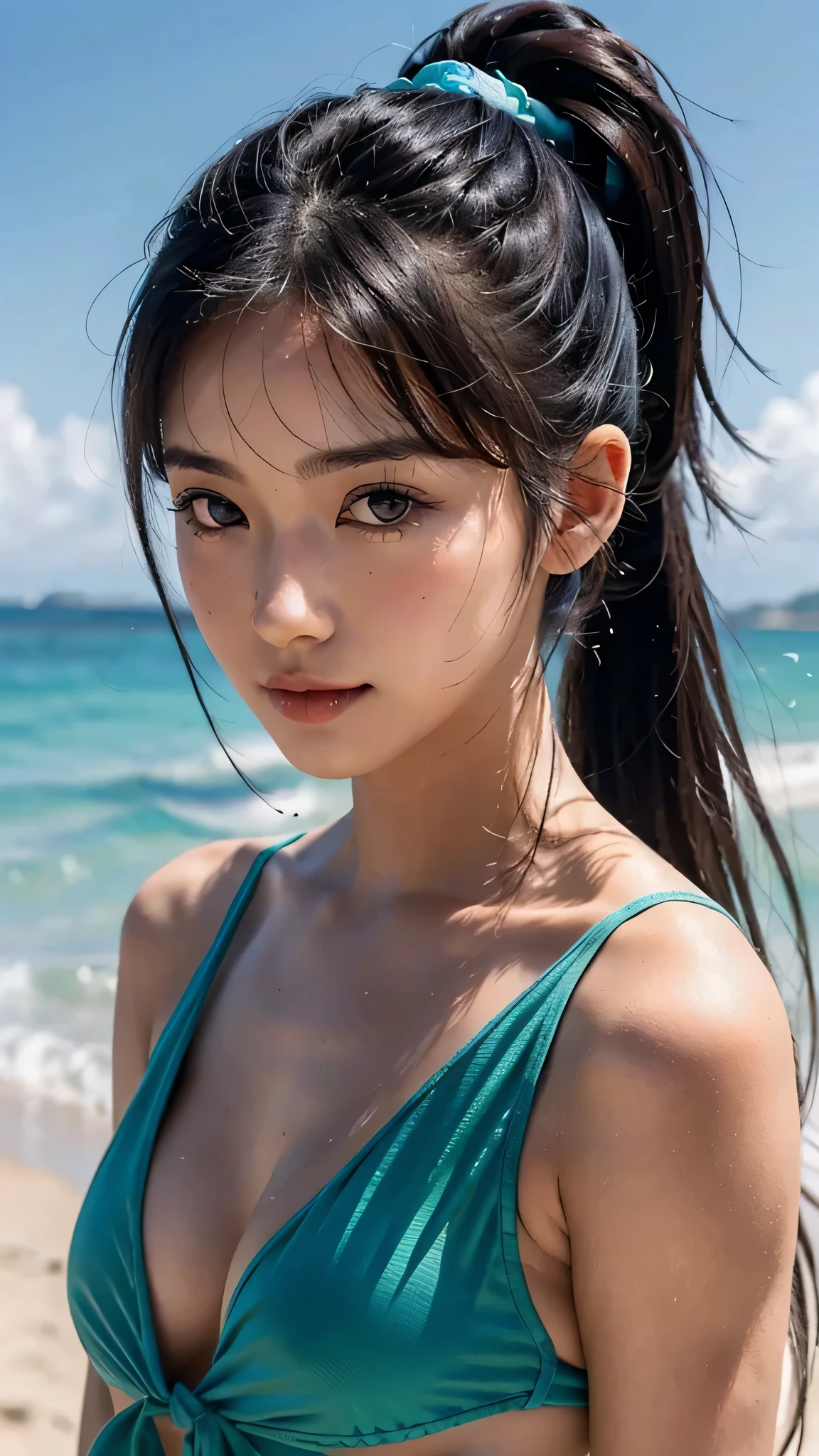 body shot,micro bikini,outdoor,beach,Body in front,masutepiece, The highest image quality, High quality, the background is clear,Beautiful woman, Japanese, Detailed, Ultra-detailed, finely detail, hight resolution, 8K Wallpaper, Perfect dynamic composition, Beautiful detailed eyes ,Detailed eyes, Detailed skin, Beautiful skin, 超hight resolution, (reality: 1.4),Very beautiful woman, Slightly younger face, Beautiful skin, slender, (Ultra photo realsisim), (hight resolution), (8K), (Very detailed) (beautifully detailed eyes), (super detailed), (Detailed face), view the viewer, Fine details, Detailed face, Staring straight ahead, Staring straight ahead, photos realistic, Bright lighting, Professional Lighting, Black hair,poneyTail,a baby face,sixteen years old,Hairstyle: ponytail,Long ponytail hairstyle,slight smile,