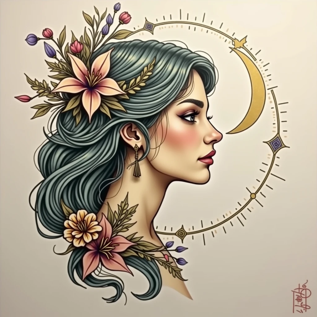 Goddess head with a Crown of Flowers and Moonlight: Imagine the face of a goddess or ethereal woman, centered as the main focus of the tattoo. Her hair would be long and flowing, falling in intricate and smooth curves around her face, In the Art Nouveau style, with strands forming decorative and floral patterns throughout the composition.

She may be adorned with a detailed crown of flowers, with lilies, roses or wildflowers, that also follow the ornamental lines of Art Nouveau. around the head, a halo of a crescent moon or rays of moonlight in a geometric style give a mystical touch to the figure.

In the Neo-traditional style, the face of the goddess can be outlined with bold lines and shading that highlight her striking features – perhaps with large, penetrating eyes, full lips and a serene countenance, but powerful. The use of vibrant colors such as deep blue, purple, doradas, and touches of white in the flowers and the halo would accentuate the details and make the design even more expressive.

This combination of organic elements and fluidity with the graphic impact and rich palette of the neo-traditional would create a visually impressive and unique piece.