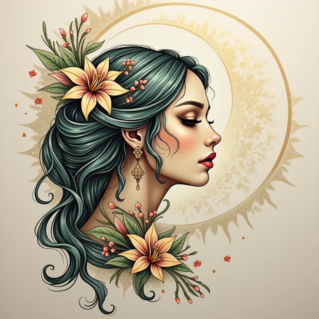 Goddess head with a Crown of Flowers and Moonlight: Imagine the face of a goddess or ethereal woman, centered as the main focus of the tattoo. Her hair would be long and flowing, falling in intricate and smooth curves around her face, In the Art Nouveau style, with strands forming decorative and floral patterns throughout the composition.
She may be adorned with a detailed crown of flowers, with lilies, roses or wildflowers, that also follow the ornamental lines of Art Nouveau. around the head, a halo of a crescent moon or rays of moonlight in a geometric style give a mystical touch to the figure.
In the Neo-traditional style, the face of the goddess can be outlined with bold lines and shading that highlight her striking features – perhaps with large, penetrating eyes, full lips and a serene countenance, but powerful. The use of vibrant colors such as deep blue, purple, doradas, and touches of white in the flowers and the halo would accentuate the details and make the design even more expressive.
This combination of organic elements and fluidity with the graphic impact and rich palette of the neo-traditional would create a visually impressive and unique piece.