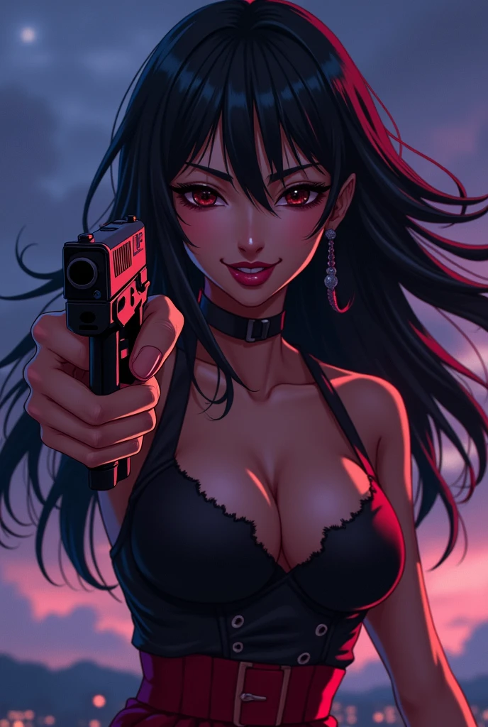 Girl with black hair and red tips, dark skin tone, with a mischievous smile and her tongue out, sexy black and red clothing, Pointing a gun at the camera, a night with lighting tones pulled towards purple and a little bit of blue, artwork style: anime minimalist