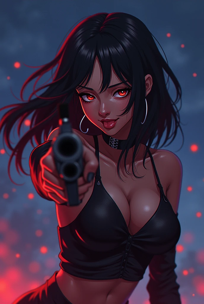 Girl with black hair and red tips, dark skin tone, with a mischievous smile and her tongue out, sexy black and red clothing, Pointing a gun at the camera, a night with lighting tones pulled towards purple and a little bit of blue, artwork style: anime minimalist