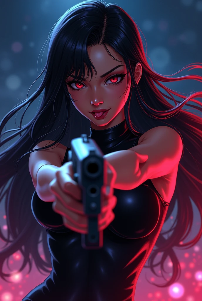 Girl with black hair and red tips, dark skin tone, with a mischievous smile and her tongue out, sexy black and red clothing, Pointing a gun at the camera, a night with lighting tones pulled towards purple and a little bit of blue, artwork style: anime minimalist