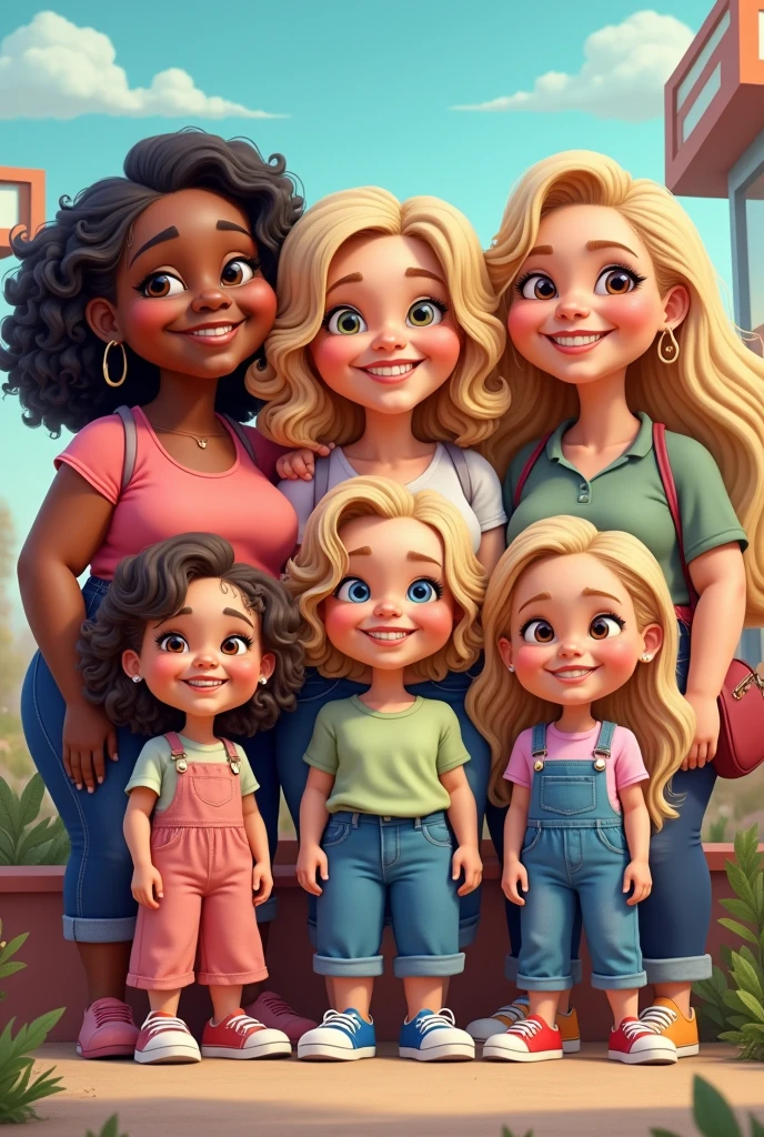 Create a caricature of 5 women: one is 30 years old, another is 28, another is 8, another is 20, and another is 16. The 30-year-old is short and has dark skin and is somewhat fat. The 28-year-old is white-skinned., blonde hair and medium build
The one with 8 curly and blonde hair and black eyes
The dd 20 chubby with light brown skin and black eyes and straight hair
The one with 16 with white skin, long blonde hair and light eyes