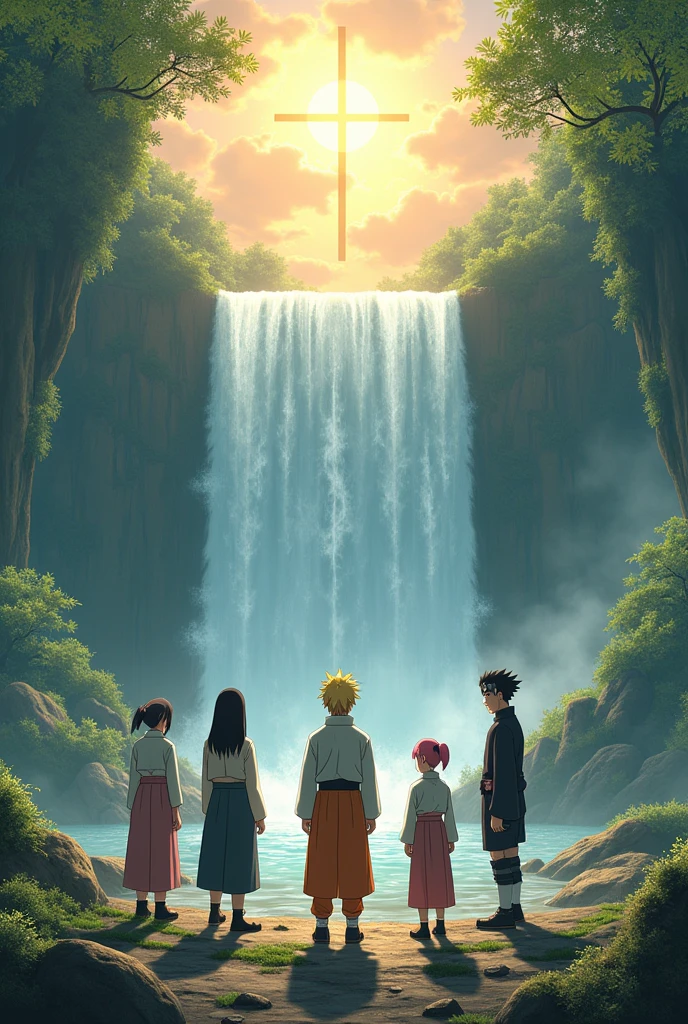 naruto, sakura, Sasuke and Hinata, all adults, are in a very beautiful place with sun and waterfall, There's a cross and a phoenix in this place