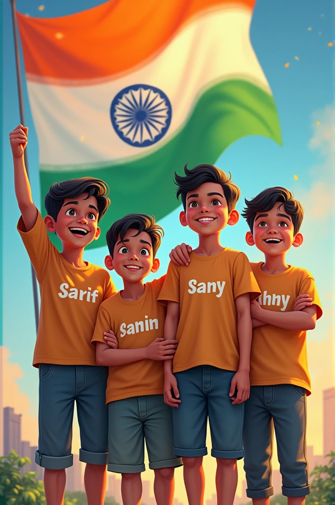 "Background indian flag"
4 boy enjoying Independence day "SARIF " SAMIM "SANY" RAHUL " Thare shart front side there name