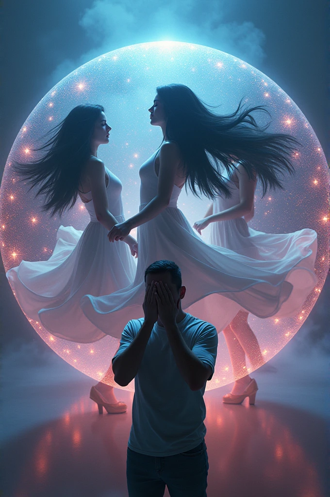 Women with black hair dancing in a bubble with disco lights and outside a man with his hands on his face crying