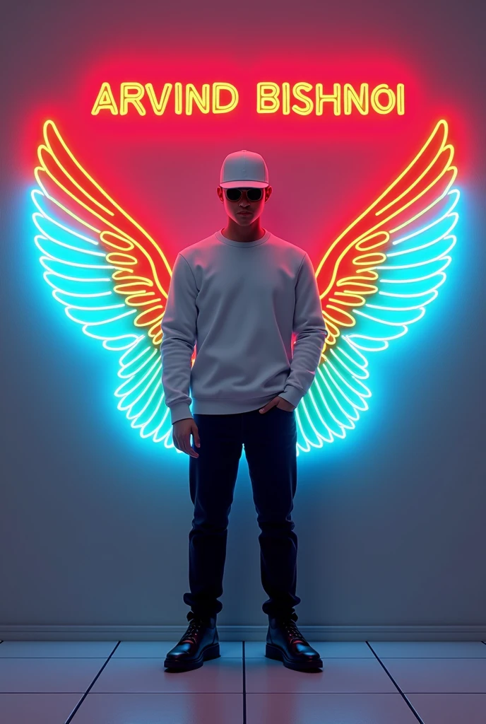 In this striking and futuristic scene, a mysterious individual stands confidently in front of a mesmerizing neon wall. The face individual’s casual attire – a white sweater, white cap, black pants, and black shoes – contrasts with the vibrant neon wings in indian flag color, symmetrically placed on either side of the figure. The bold red neon quote “ARVIND BISHNOI” adds an inspiring touch to the composition. The floor, made of tiles, reflects the grayish hue of the wall