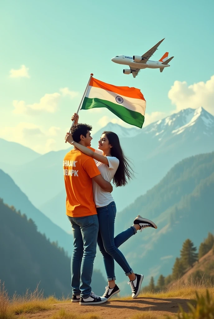 A 20 year boy and a 18 year girl wear same colour t shirt where name shailly written on boy t shirt and Deepak name written is girl t shirt, boy lift the girl and she is holding Indian flag . They are standing on mountain hill where Indian jet flying on the sky removing Indian colour on the air