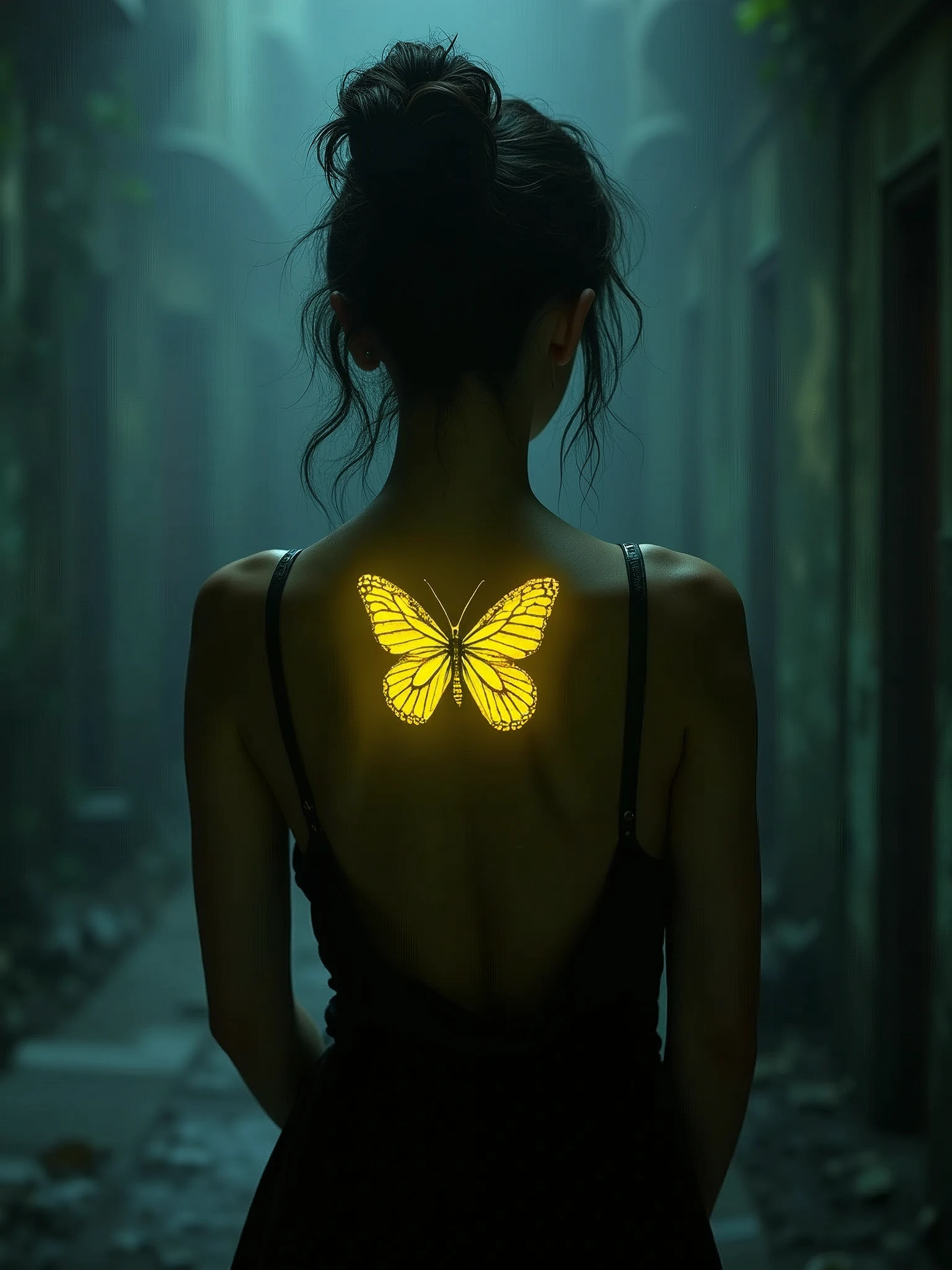 a woman in the dark, showing her back, a high brightness yellow fluorescent tattoo of a butterfly on her back, dark half light location,(best quality,4k,8k,highres,masterpiece:1.2),ultra-detailed,(realistic,photorealistic,photo-realistic:1.37),chiaroscuro,moody lighting,cinematic,dramatic lighting,glowing tattoo,detailed skin texture,detailed butterfly tattoo,elegant pose,intricate details,volumetric lighting
