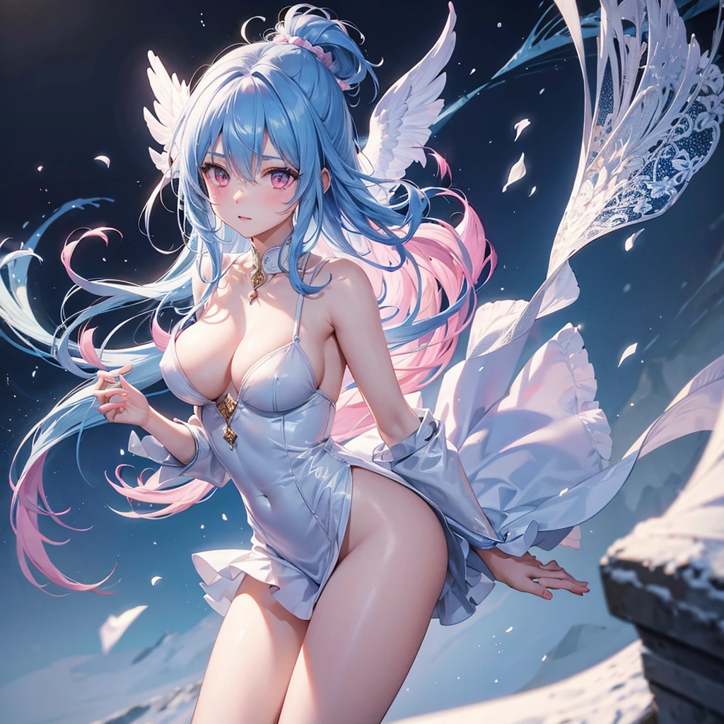(Sky blue hair tied in a single strand),(Pink Eyes),Fair Skin,Full Body,Alone,Snowy Night,Drawing a divine lot at a temple,Masterpiece, Top Quality, Very Detailed, Best Shadows,Detailed Background,Beautifully Detailed Face,High Contrast,Best Lighting, Very Delicate and Beautiful,Cinematic Light,Hyper Detail,8k,Dramatic Light,Exquisite Detail,