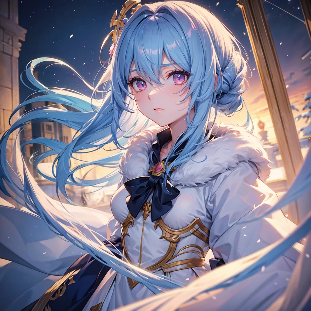 (Sky blue hair tied in a single strand),(Pink Eyes),Fair Skin,Full Body,Alone,Snowy Night,Drawing a divine lot at a temple,Masterpiece, Top Quality, Very Detailed, Best Shadows,Detailed Background,Beautifully Detailed Face,High Contrast,Best Lighting, Very Delicate and Beautiful,Cinematic Light,Hyper Detail,8k,Dramatic Light,Exquisite Detail,