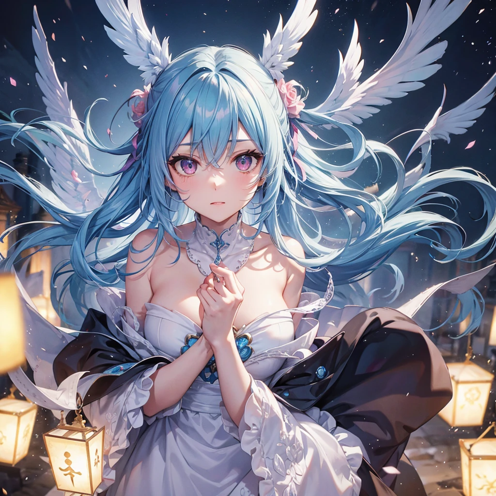 best qualtiy, tmasterpiece, 超高分辨率, (realisticlying:1.5), RAW photogr, 1girll, silber hair, long whitr hair,hair adornments,bshoulders,Cold and glamorous,Raised sexy,Cyan and pink tulle dress, Detailed scenes, amazing pose, Eye-catching accessories, Picturesque