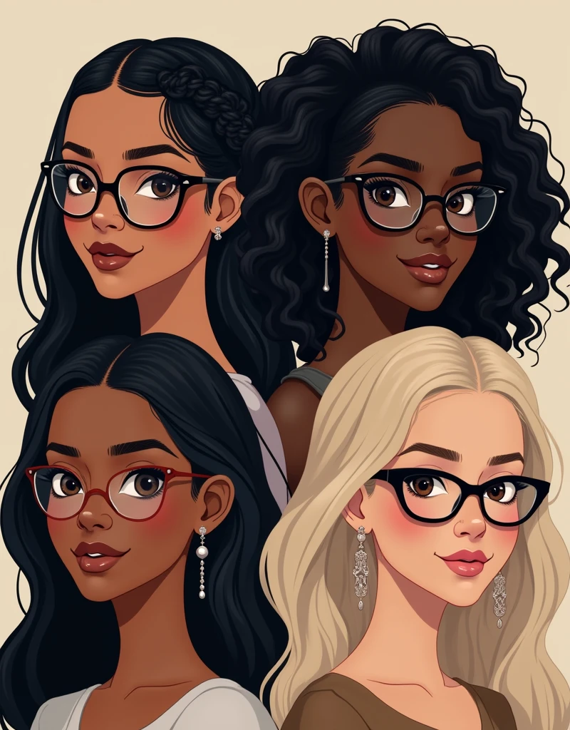 The first wears square glasses in dark brown, thick lips and smiling, brown hair in a side braid, they have brown skin. The second girl wears round glasses with thin silver arms, thick lips, black skin and black hair, very curly and long. Third, Caucasian skin, black cat-eye glasses, shoulder length wavy hair, black and with clips, small lips. Fourth, high face of older woman, Black Square Glasses, skin fair, earrings on the ears, light-makeup, straight and long hair.