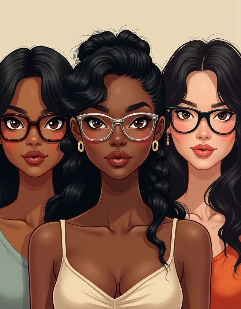 The first wears square glasses in dark brown, thick lips and smiling, brown hair in a side braid, they have brown skin. The second girl wears round glasses with thin silver arms, thick lips, black skin and black hair, very curly and long. Third, Caucasian skin, black cat-eye glasses, shoulder length wavy hair, black and with clips, small lips. Fourth, high face of older woman, Black Square Glasses, skin fair, earrings on the ears, light-makeup, straight and long hair.