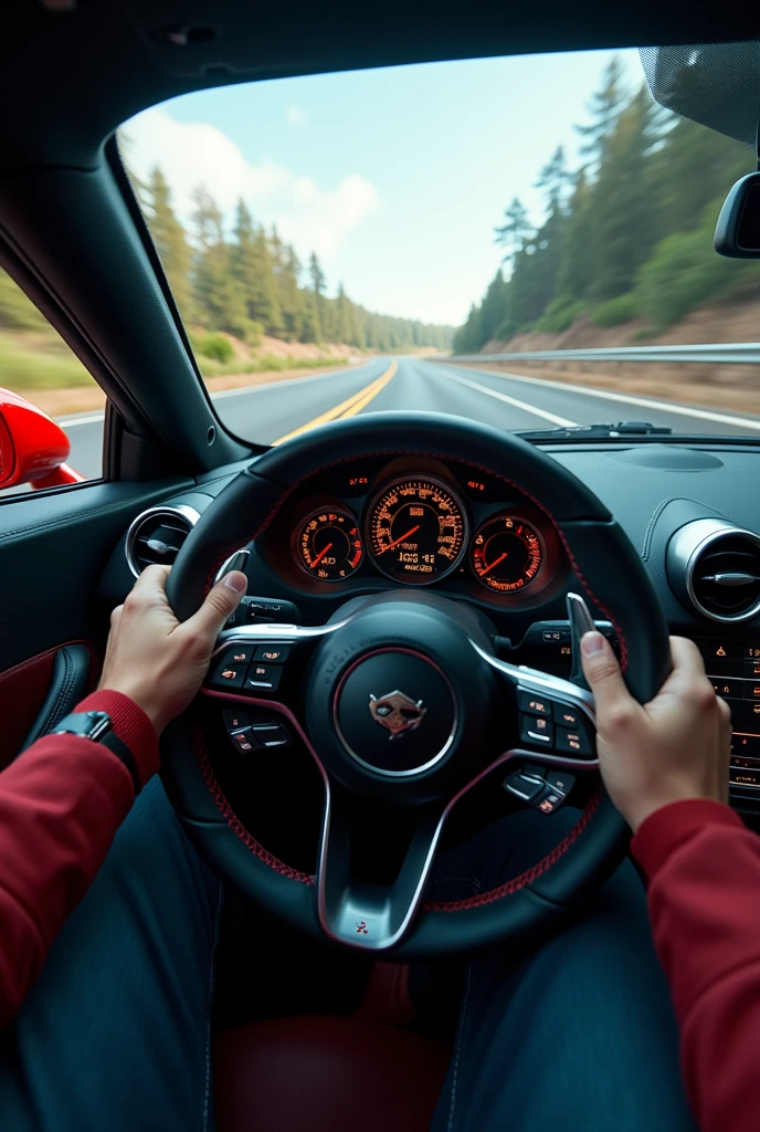 a high speed sports car driving at high speed, right driver view from steering wheel, speedometer showing very high speed, detailed car interior, fast motion blur, dynamic composition, cinematic lighting, vibrant colors, dramatic tension, photorealistic. Zoom photography, 8k, best quality