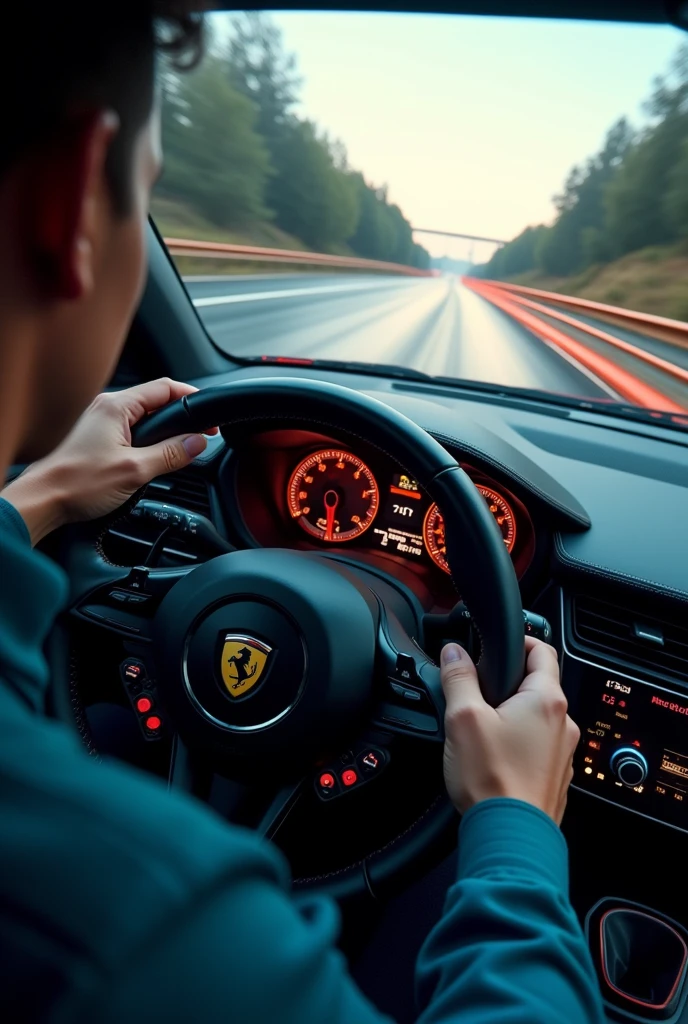 a high speed sports car driving at high speed, right driver view from steering wheel, speedometer showing very high speed, detailed car interior, fast motion blur, dynamic composition, cinematic lighting, vibrant colors, dramatic tension, photorealistic. Zoom photography, 8k, best quality