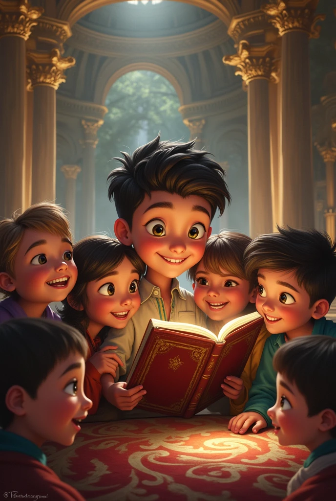A boy shares the book he found with other children in the palace.