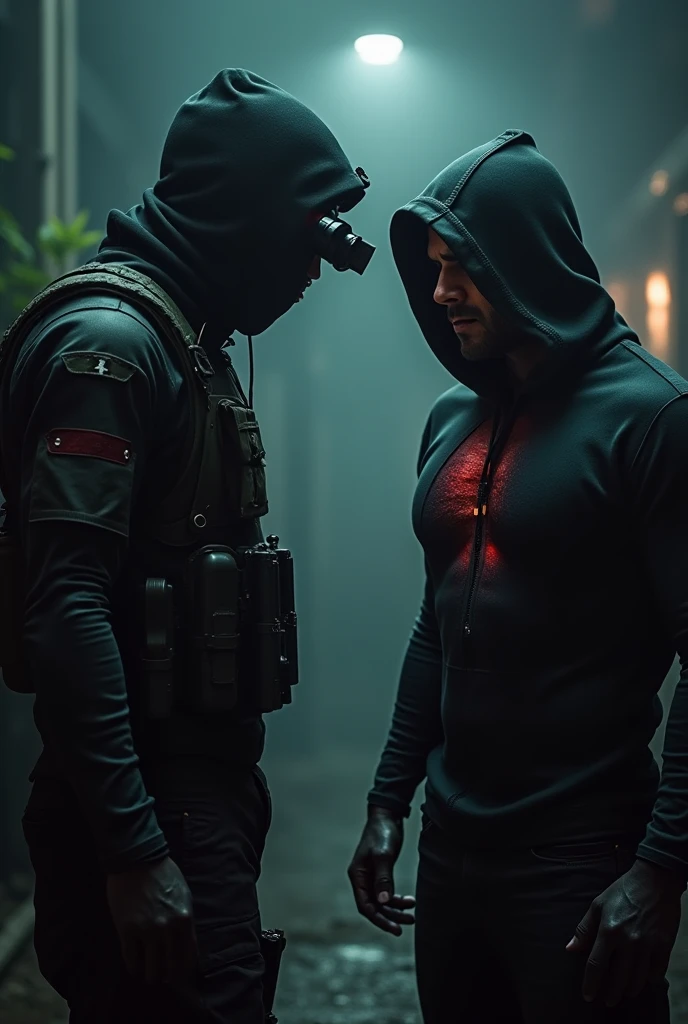 hooded man WHOSE FACE IS NOT VISIBLE, only a red glow from ONE of his eyes is visible with a black military uniform and a large wound in his chest, fighting against an elite soldier who is armed and has night vision goggles