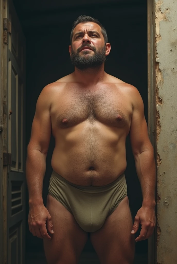 create a high-resolution image of a real man, stocky, sweaty, from cueca, with his pants down, drooling.