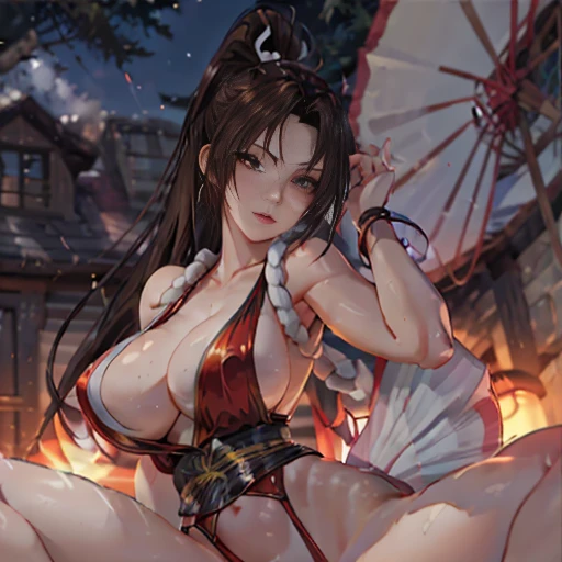 ((Master quality, 8K, masterpiece:1.3, ultra-detailed, high resolution, RAW Photos, detailed Realistic background, cinematic lighting)), Actual, Realistic, photo, HDR, BREAK, detailed eyes, perfect anatomy, perfect hands, BREAK, , One person alone, Mai Shiranui(King Of Fighters), beautiful , (Sitting on a Sun_lounger and posing sexy, spread legs), Grey Eyes, ponytail hair, ( Round and Stacked Breasts ), , Cleavage, Slim waist, , smile:1.5, Sweat-soaked skin, wearing( Slingshot Swimsuit, ), Graffiti art, (, Random Angle, full-body, ), BREAK, Licking a icecream , Beach_parasol, Beach cocktails on a round table, dynamic angle, outdoor, beach