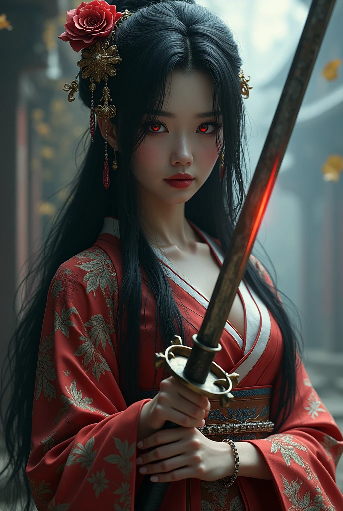 (photorealism:1.2)
An Asian geisha woman with extremely long black hair. She’s holding a high-end quality sword that seems to be fading out of reality. Her eyes are bright red.