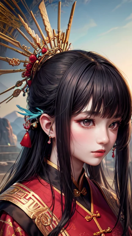 Chinese goddess in beautiful attire,(masterpiece, Highest quality, Highest quality, Official Art, beautifully、aesthetic:1.2), (One person), Very detailed, (Fractal Art:1.3), colorful, Most detailed, Perfect Face, Upper Body, High resolution, Impressive visuals, Vibrant colors, Black Hair,Long Hair,Swept-apart bangs