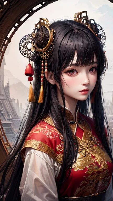 Chinese goddess in beautiful attire,(masterpiece, Highest quality, Highest quality, Official Art, beautifully、aesthetic:1.2), (One person), Very detailed, (Fractal Art:1.3), colorful, Most detailed, Perfect Face, Upper Body, High resolution, Impressive visuals, Vibrant colors, Black Hair,Long Hair,Swept-apart bangs