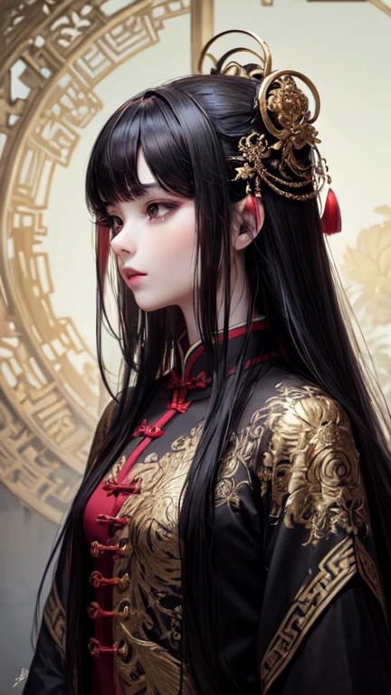 Chinese goddess in beautiful attire,(masterpiece, Highest quality, Highest quality, Official Art, beautifully、aesthetic:1.2), (One person), Very detailed, (Fractal Art:1.3), colorful, Most detailed, Perfect Face, Upper Body, High resolution, Impressive visuals, Vibrant colors, Black Hair,Long Hair,Swept-apart bangs