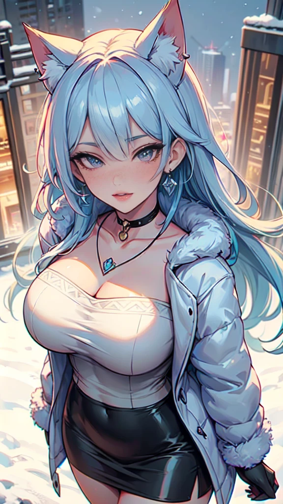 Masterpiece, beautiful art, professional artist, 8k, art style by sciamano240, very detailed face, very detailed hair, very detailed clothes, 1girl, perfectly drawn body, beautiful face, long hair, light blue hair , very detailed blue vertical cat eyes, square glasses, pouty lips , rosey cheeks, intricate details in eyes, extreme close up of face, see only head and neck, staring directly at viewer, wearing cute winter clothes, winter coat, necklace, choker, earrings, gloves, pencil skirt, black tigh boots, some freckles, big wide grin, in love with the viewer expression, sunny winter setting, walking outside,