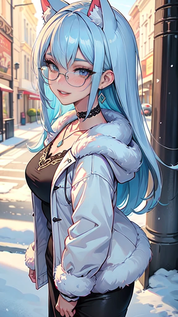 Masterpiece, beautiful art, professional artist, 8k, art style by sciamano240, very detailed face, very detailed hair, very detailed clothes, 1girl, perfectly drawn body, beautiful face, long hair, light blue hair , very detailed blue vertical cat eyes, square glasses, pouty lips , rosey cheeks, intricate details in eyes, extreme close up of face, see only head and neck, staring directly at viewer, wearing cute winter clothes, winter coat, necklace, choker, earrings, gloves, pencil skirt, black tigh boots, some freckles, big wide grin, in love with the viewer expression, sunny winter setting, walking outside,