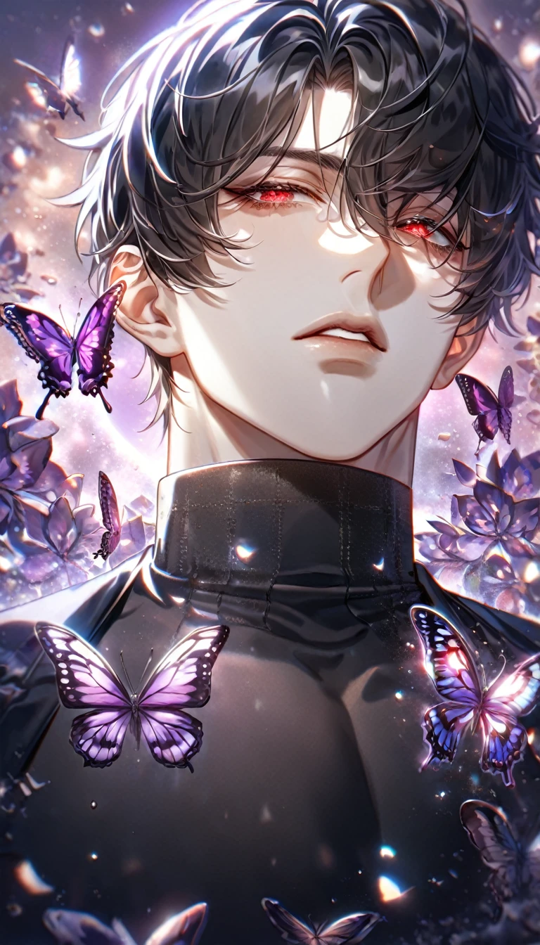 absurdres, highres, ultra detailed, HDR) master piece, best quality, extremely detailed, delicated features, Jaehwan, black hair that parts just above his left eye, expressive red eyes, Code Zero: The World After The Fall, solo, sexy man, handsome, sensual, black coat, black tight turtleneck shirt, black gloves, fantasy, magical, radiant, dust, purple flames, purple moon, purple flowers, purple butterflies