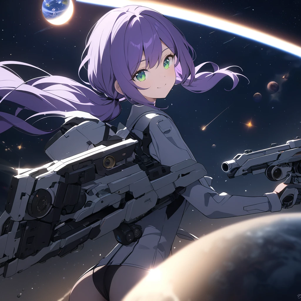 mech, a glass texture, girl, smiling, lonely, looking at viewer, low twintails, purple hair, green eyes, slim, lanky, beautiful ass, athletic, mask, shooting a gun in front of her, Scene of Tension, Revelation Scene, with a sun, with a planet, with a comet, with a meteor shower, with a black hole, with a galaxy, at night, upper body, from front, dynamic angle, wide view, vfx, sfx, hard lighting, wide-angle lens, masterpiece, best quality, high quality, detail