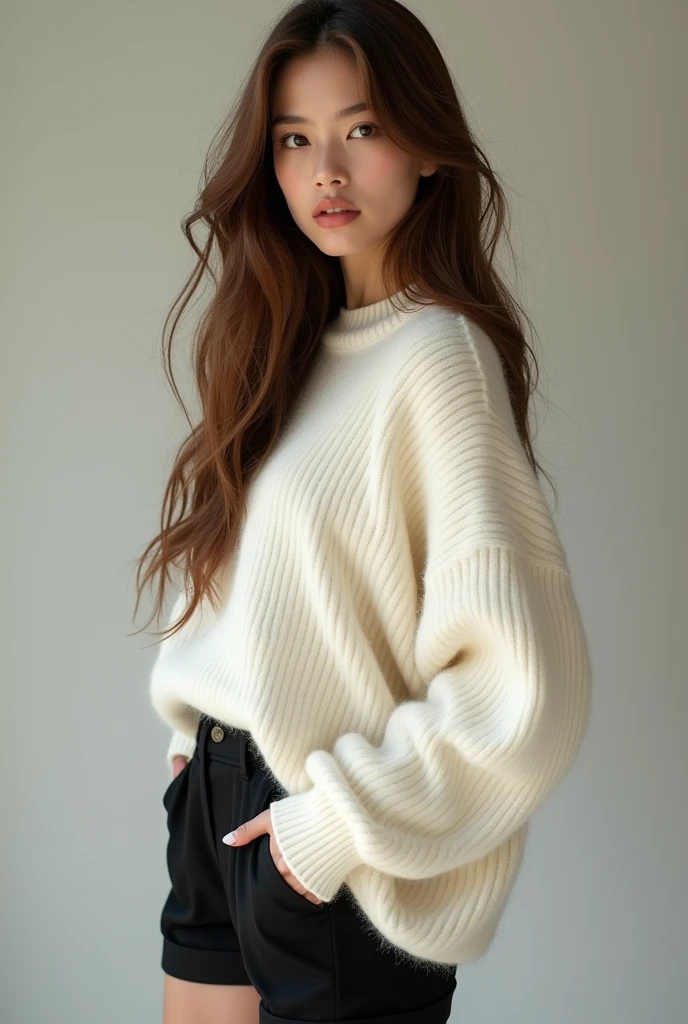 Image of a girl with brown hair wearing eye-catching but casual clothing, a white or cream wool sweater and a short black item that starts with the letter f
