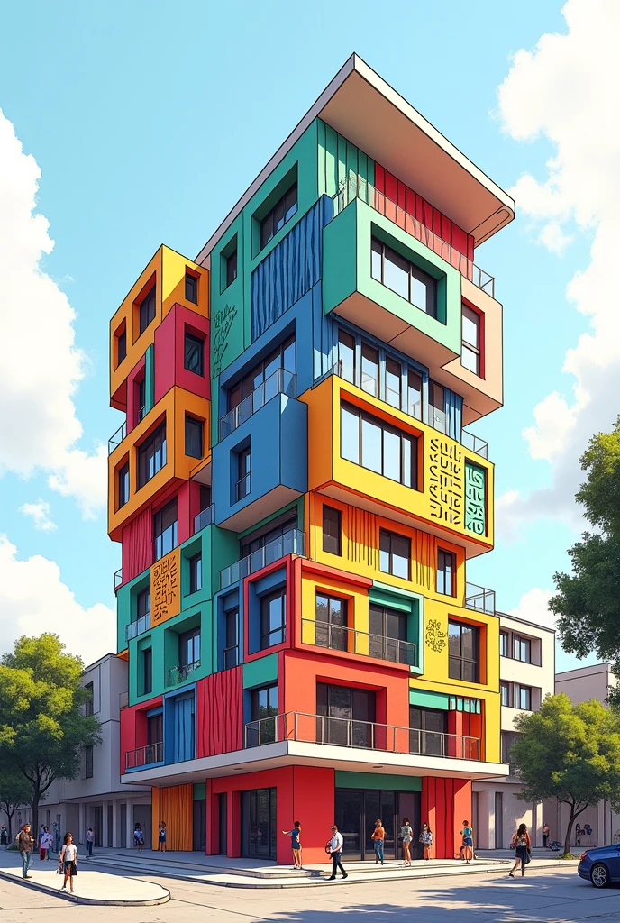 A drawing of the University of the Arts of Guayaquil that represents joy,innovative and creative algorithm, The main theme is the building and it has to represent architecture with art, and the building should be facing forward and it is semi-realistic. The main theme is the university., More innovative and equal to the Guayaquil University of Arts