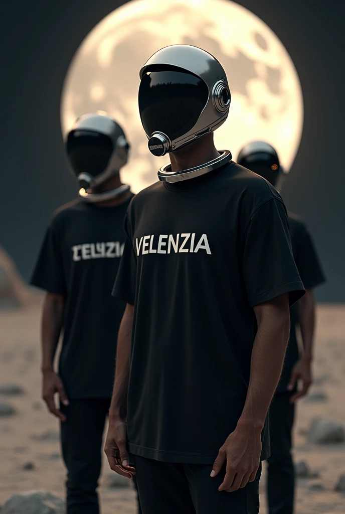 Make a photo of men wearing a oversized t-shirt of dark coffee colour and on the t-shirt it's written VELENZIA with white colour and the man is standing in moon with oxygen helmet make it feel luxury with space dark colours 